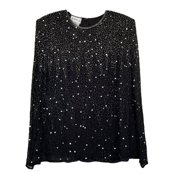 Vtg Stenay Silk Sequined Beaded Sheer Sleeve Evening Top Black Silver Size M - Picture 1 of 6